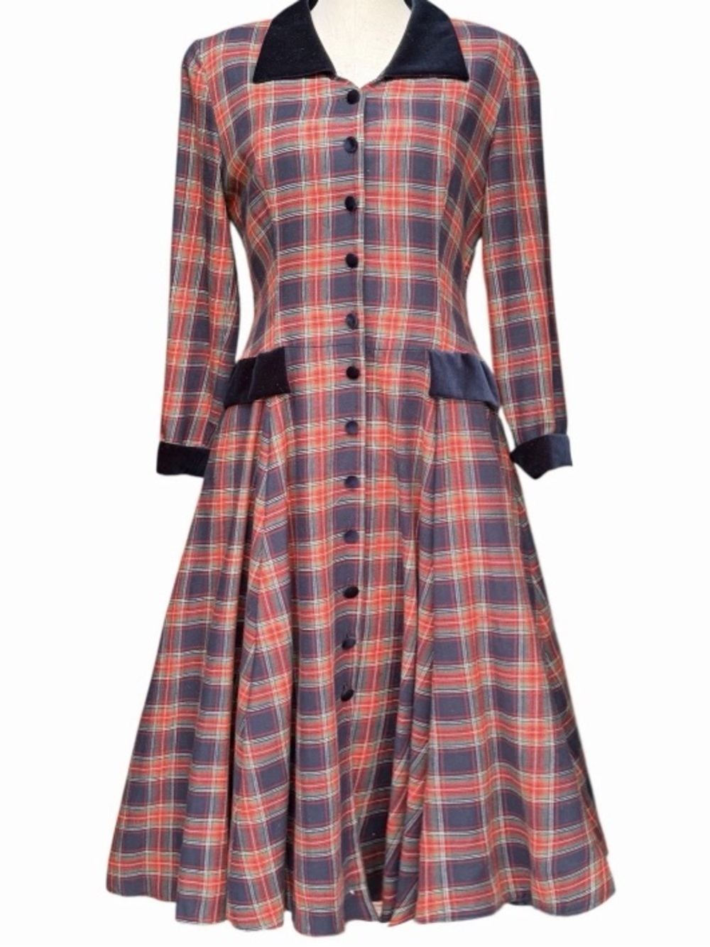 Laura Ashley Vintage 80's Red Tartan Plaid Cotton Wool Festive Riding Midi Dress